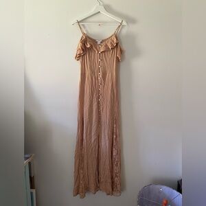 Venus Brand Peach Ruffle-Off-Shoulder Button-Front Maxi Dress